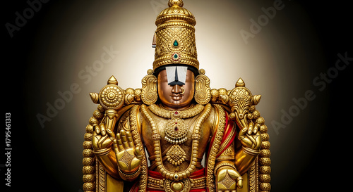 A golden statue of the Hindu deity Venkateswara, adorned with jewels and a crown, stands against a dark background.