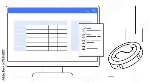 Computer screen displays spreadsheet, checklist with completed tasks, and falling coin. Ideal for finance, budgeting, project management, organization, business planning, strategy and goal tracking