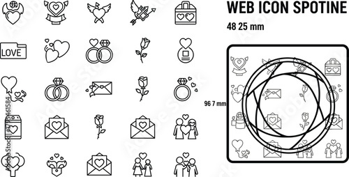 Romantic love wedding icon set with rings, hearts, roses, couples, envelopes, proposal symbols, outline web icons for Valentine design