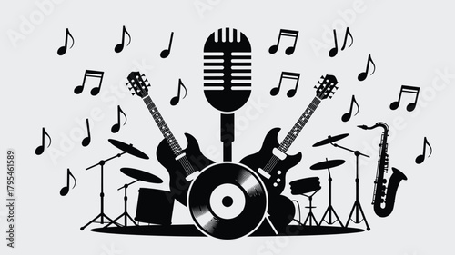 Dynamic musical ensemble featuring guitars, drums, saxophone, microphone, and vinyl record with floating musical notes for vibrant event promotion.