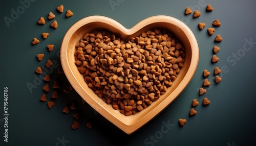 heart shaped bowl filled with dry cat food providing essential nutrition for pets from a top view pet food
