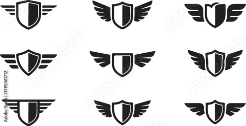 Nine black shield icons with varied wing designs stand on a transparent background