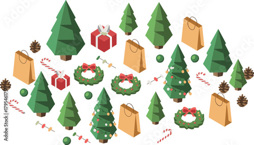 Isometric Christmas decorations collection, festive holiday trees, wreaths, gifts and ornaments, detailed 3D seasonal elements perfect for winter celebrations, design and illustration projects