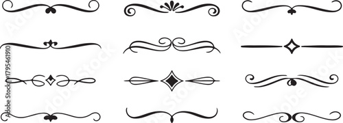 Ornamental dividers set features elegant flourishes, curves, and center accents on a transparent background