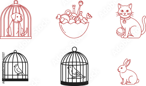 Pet animal cage icons with dog, cat, rabbit, bird cages, toy bowl, line art pets, outline illustration collection