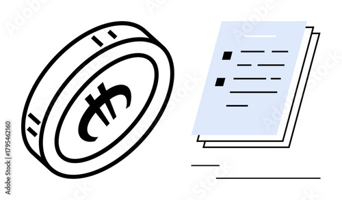 Coin with monetary symbol beside a financial document, suggesting payment, budgeting, contracts, or financial reports. Ideal for finance, business, accounting, investment agreements e-commerce