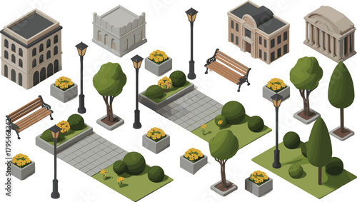 Isometric city park and urban buildings illustration, landscaped trees, benches, street lamps and greenery, perfect for city planning, architecture, and design projects