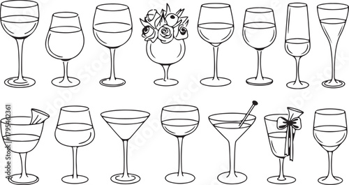 Outlined wine and cocktail glasses stand in a row alongside floral centerpieces in black and white