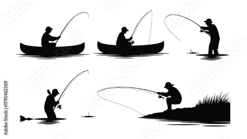Dynamic silhouettes capture the thrill of diverse fishing adventures from serene canoes to active riverbanks, perfect for outdoor passion projects.