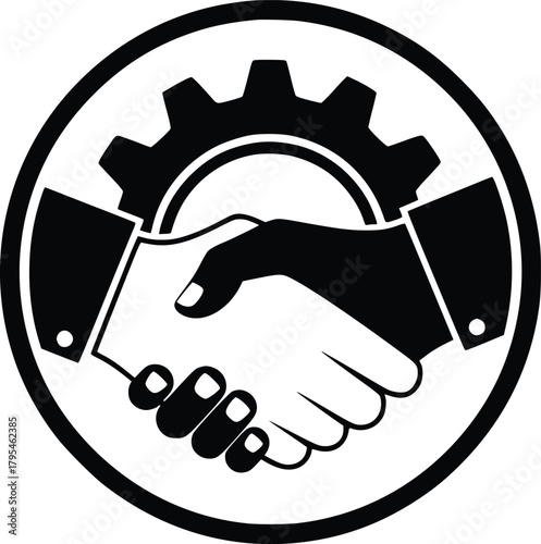 Black and White Vector Icon of Handshake with Gear Inside Circle Representing Industrial Partnership and Collaboration
