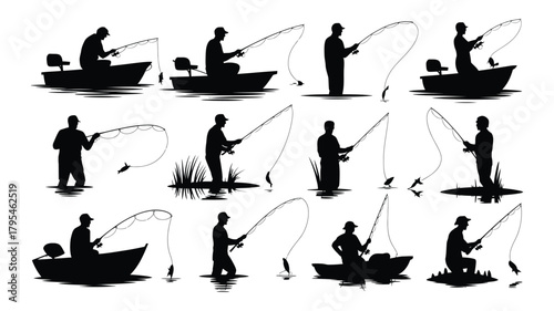 Dynamic silhouettes capture thrilling moments of anglers casting lines and reeling in catches from boats and shorelines, showcasing the joy of outdoor pursuit.