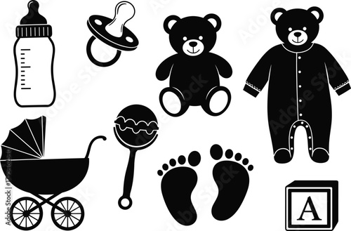 Baby silhouette set with bottle, pacifier, toys, stroller, teddy bear, footprints, onesie and newborn accessories for nursery designs