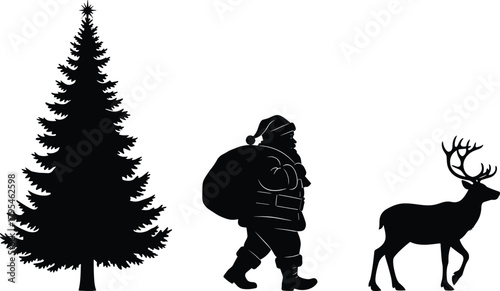 Christmas silhouette set with Santa Claus, reindeer, and Christmas tree, festive holiday elements for winter celebration decoration and seasonal designs