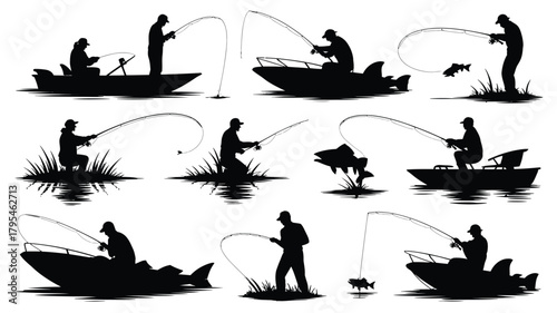 Dynamic silhouettes capture the thrilling pursuit of angling, showcasing fishermen casting lines from boats and serene shorelines for that perfect catch.