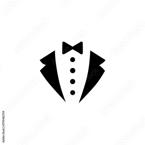 A sleek, minimalist black silhouette of a tuxedo jacket with a bow tie and shirt studs, symbolizing elegance, formality, luxury, high-end fashion, and professional service.