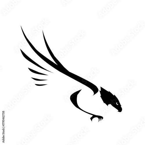 A dynamic, stylized black silhouette of a bird of prey (eagle/hawk) in a sharp diving pose, featuring flowing, tribal lines, symbolizing speed, precision, and predatory power.