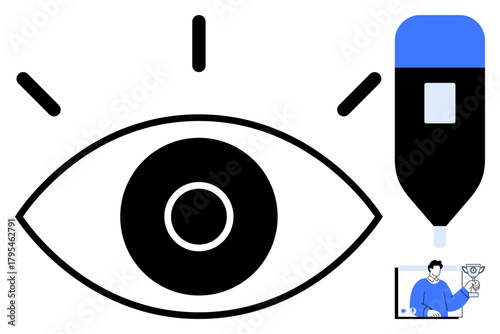 Black eye illustration with pen symbolizing creativity, observation, and design, paired with a person holding a trophy. Ideal for themes of vision, innovation, motivation, art, design productivity