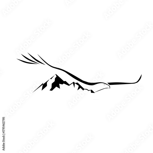 A minimalist, flowing black silhouette of an eagle or hawk soaring over jagged mountain peaks, symbolizing freedom, adventure, high altitude, and the spirit of nature.