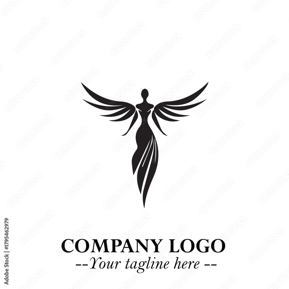 Fototapeta premium Elegant Black Angel Woman Silhouette Logo Symbol on White Background