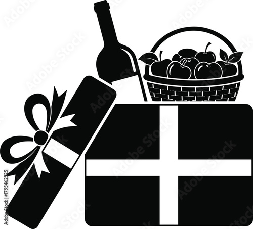 Gift box with ribbon, wine bottle and fruit basket silhouette illustration, holiday celebration hamper design, festive present composition art
