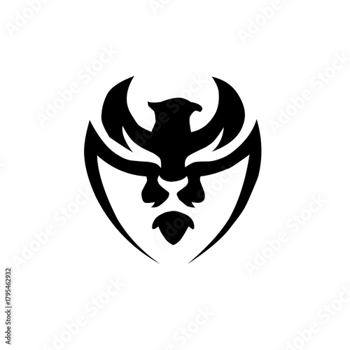 A striking, abstract black silhouette logo combining the head of a lion and an eagle (Griffin), dynamically enclosed in a shield shape, symbolizing courage, nobility, and defense.