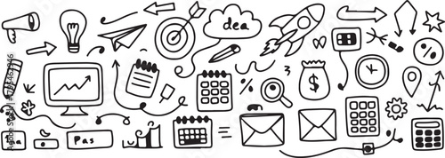 Several outlined business icons are visible including rocketship, target, lightbulb, money bag, and calculator