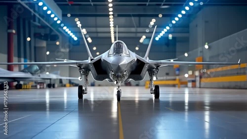 F-35 fighter jet on display in aircraft hangar showcasing advanced design and technology