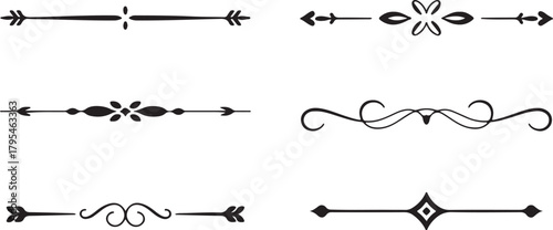 Six black decorative dividers showcase ornate embellishments and unique line designs on white background