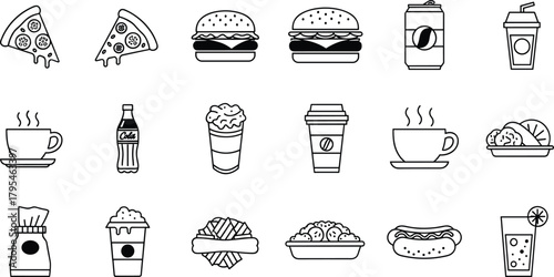 Fast food and beverage icon set with pizza, burgers, coffee cups, soda, snacks, desserts, and drinks, simple outline vector illustration