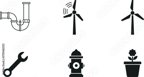 Set of industrial and utility icons including plumbing pipe, wind turbines, wrench tool, fire hydrant, and flower pot, clean minimal vector design