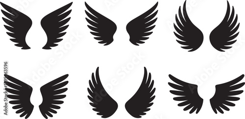 Six unique pairs of black angel wings are displayed against a transparent background