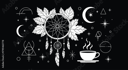 Mystical dreamcatcher illustration with feathers, leaves, moon and stars, celestial symbols and coffee cup, spiritual boho nighttime vector artwork