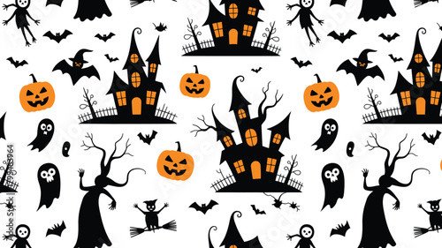 Spooky Halloween seamless pattern featuring haunted houses, grinning pumpkins, playful ghosts, and flying bats for festive decorations and projects.