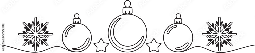 Obraz premium Three ornament balls and two star between snowflakes are drawn with black outline