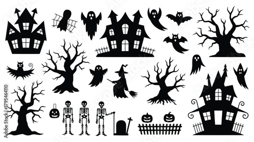 Spooky Halloween icons and silhouettes for festive decorations, party invitations, and creative projects