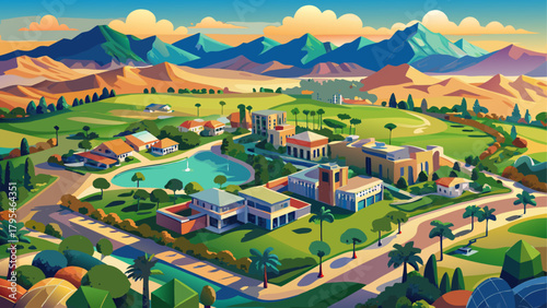 Very beautiful aerial view of a golf course and residential community in Las Vegas, Nevada, USA, featuring manicured greens, tree-lined fairways, surrounding suburban homes, and distant desert mountai