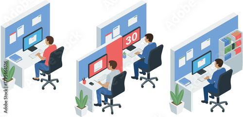 Isometric modern office workspace illustration, employees working at desks with computers, collaborative business environment concept for corporate design, workflow and productivity projects