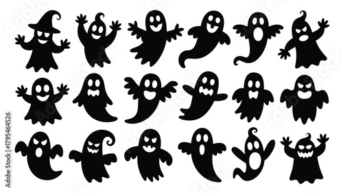 Spooky Halloween ghosts in various fun and playful poses, perfect for festive decorations and seasonal designs