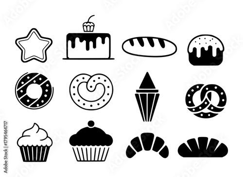Collection of Black and White Bakery and Dessert Icons