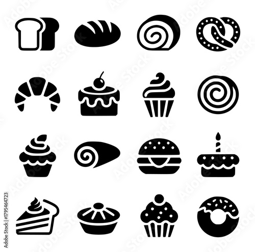 Collection of Black and White Bakery and Pastry Icons