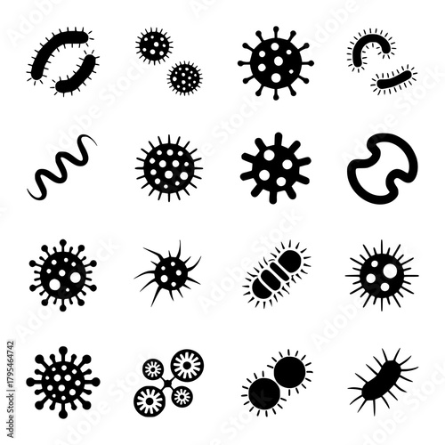 Collection of Black and White Icons Representing Various Microorganisms