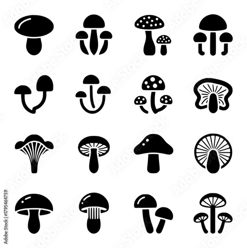 Collection of Black and White Mushroom Icons in a Grid Layout