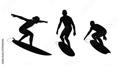 Dynamic surfers catching waves in action, showcasing balance and athletic skill on surfboards against a clean background