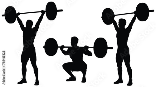 Powerful athlete demonstrates weightlifting techniques including clean and jerk and squat in dynamic silhouette style