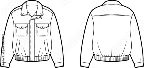 Technical flat sketch of a stylish bomber jacket with zipper closure, flap chest pockets, stud details on the collar, and elasticated hem, perfect for casual and streetwear apparel design.