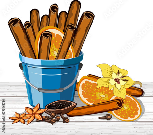 Natural herbs and spices on a wooden tabletop.Vector illustration with herbs, spices and orange slices on a wooden background.