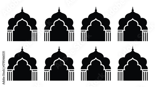 Elegant Islamic architectural elements, a collection of ornate archways and domes in bold black silhouettes perfect for cultural designs and decorative accents