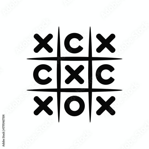 Tic tac toe game board with xs and cs and one o