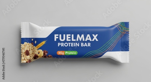 Blue packaged protein bar mockup featuring healthy ingredients like oats, nuts, and chocolate on a gray background.