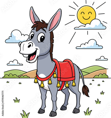 Cheerful gray cartoon donkey with a decorative red saddle and tasseled harness.